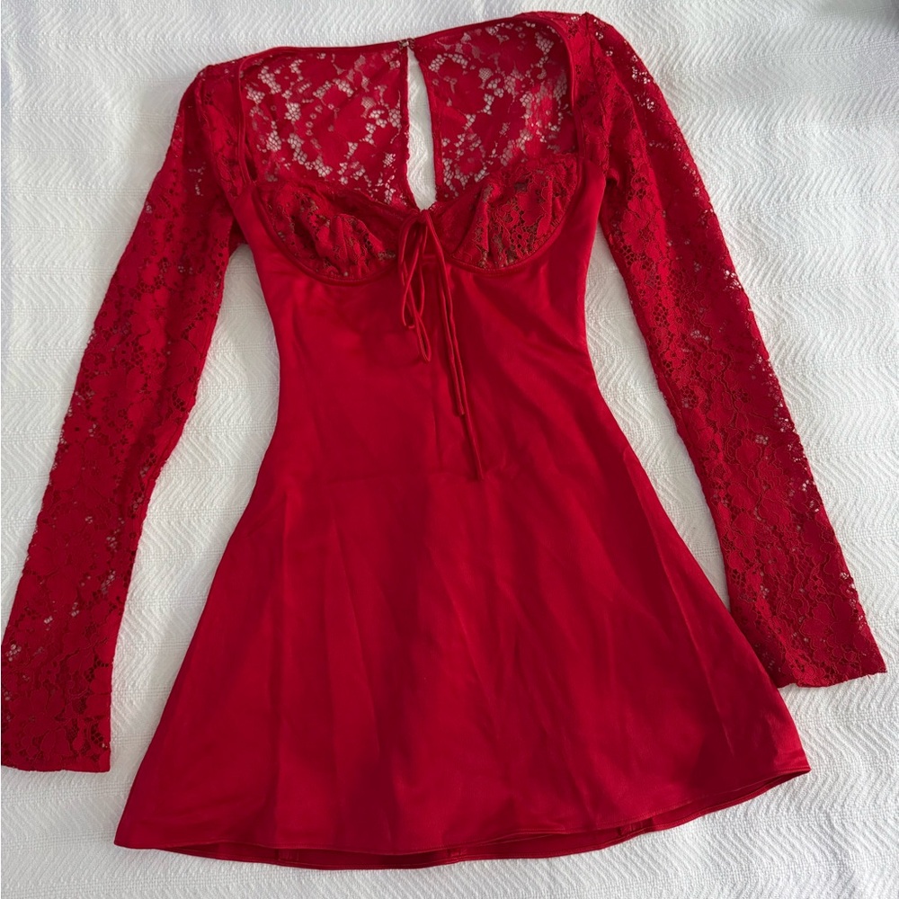 House of CB Red Lace Long Sleeve Mini Dress Size XS